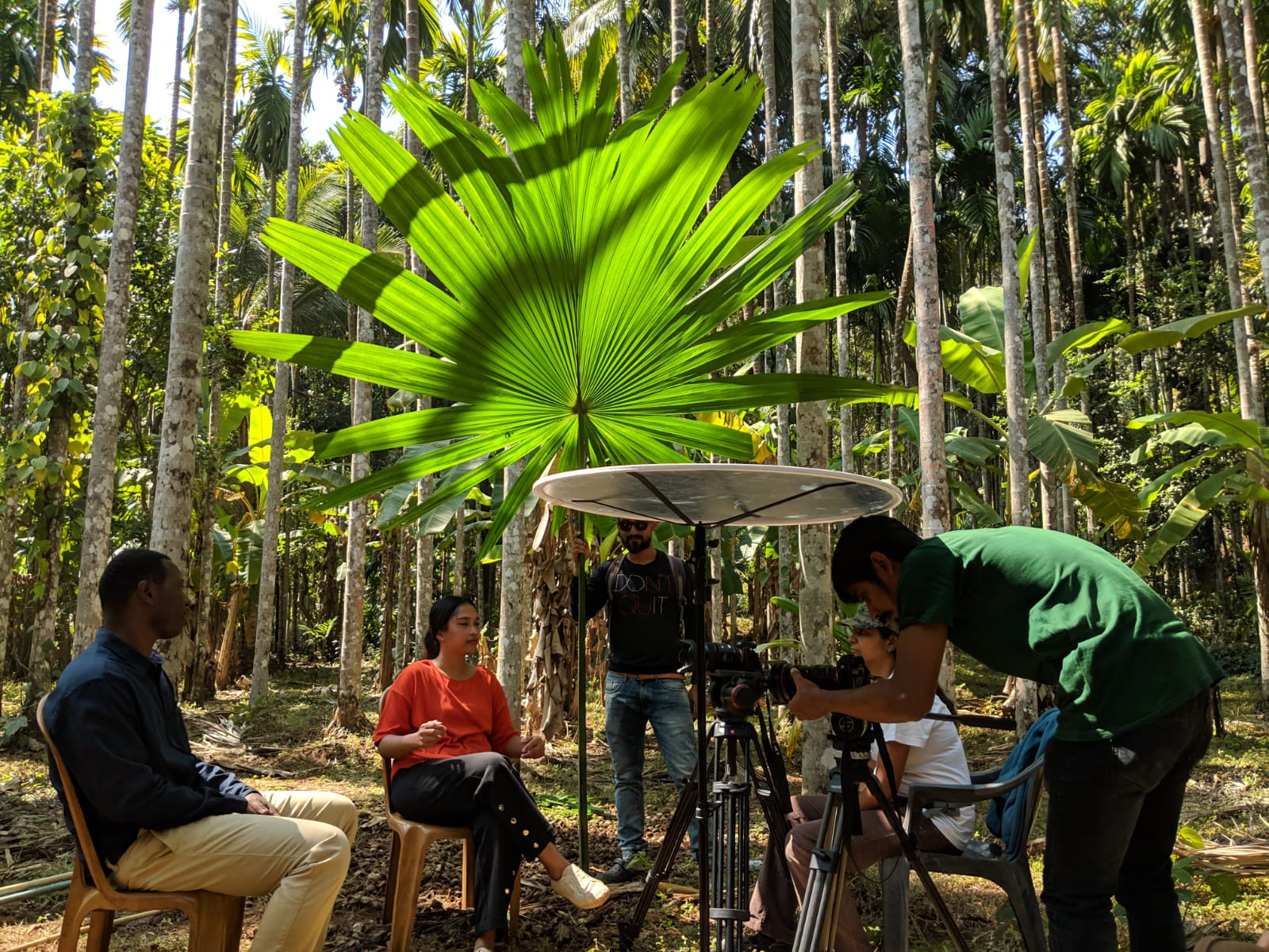 Documentary film crew conducting field interviews with a Siddi community member in an areca nut grove under a large palm frond